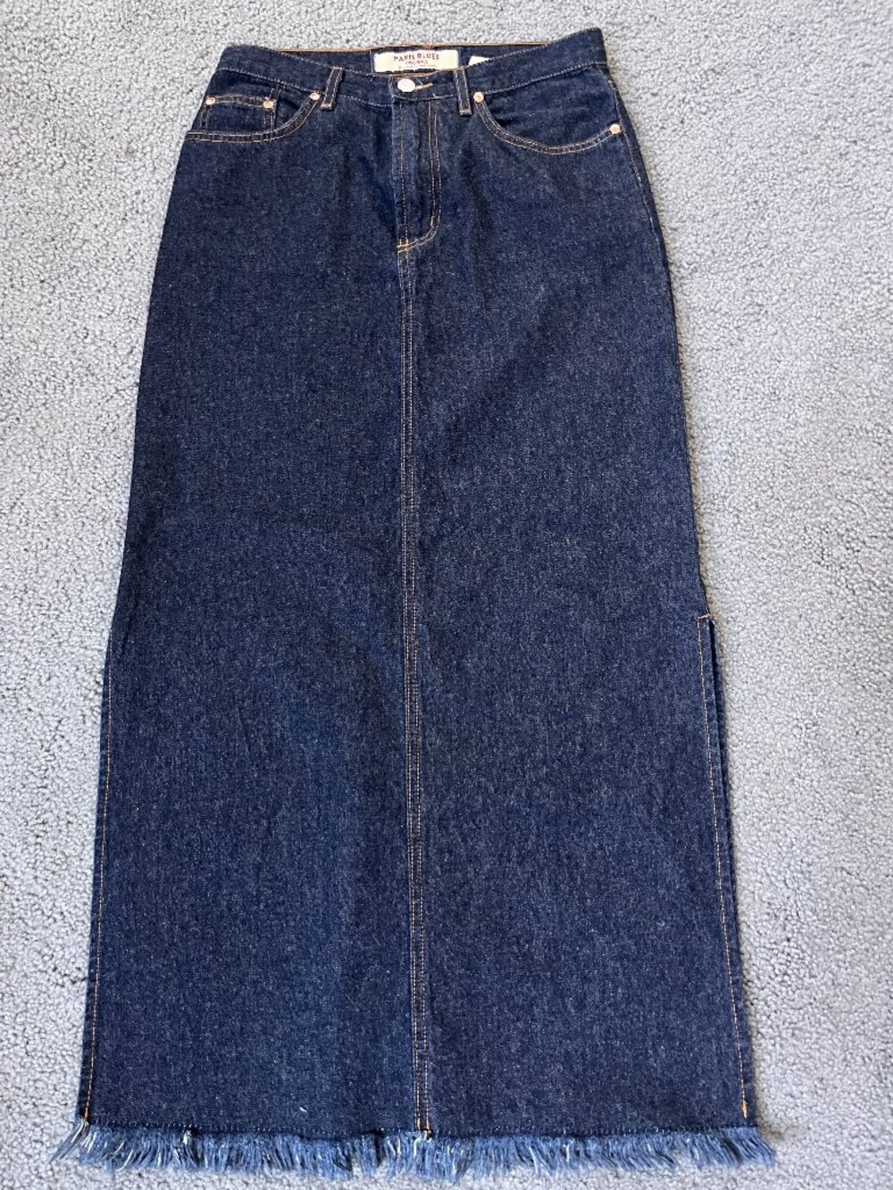 Y2K PARIS BLUES ORIGINALS DENIM WESTERN FRINGE HEM MAXI JEAN SKIRT NWOT 5 JUNIOR